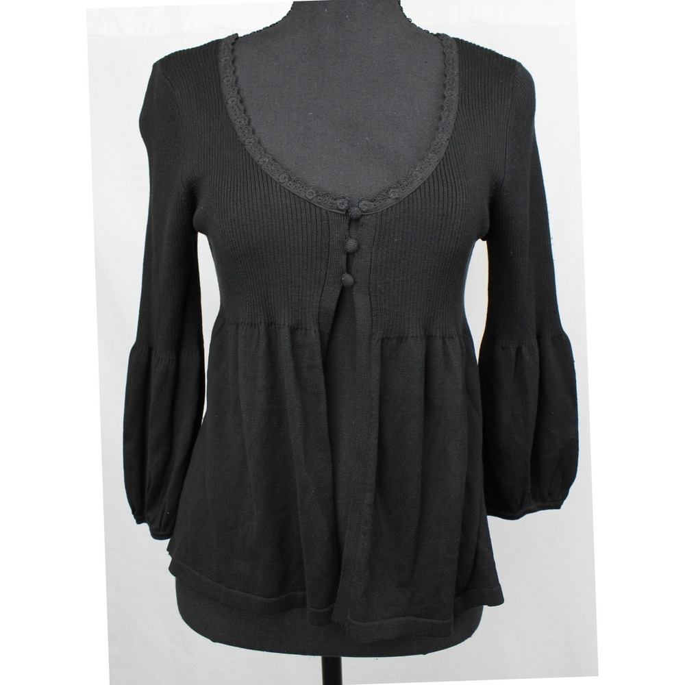 Y2K Babydoll Button Black Silk Cotton Top Lace Trim Empire Waist Puff Sleeve M